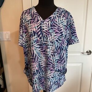 Women's V-Neck Tropical Leaf Print scrub Top in Navy, Lavender & Aqua